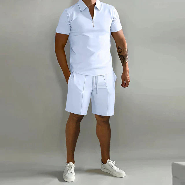 Men's Zip Collar Polo and Drawstring Shorts Two-Piece Set in Six Classic Colours for Relaxed Summer Days and Casual Weekend Styling | Koossa