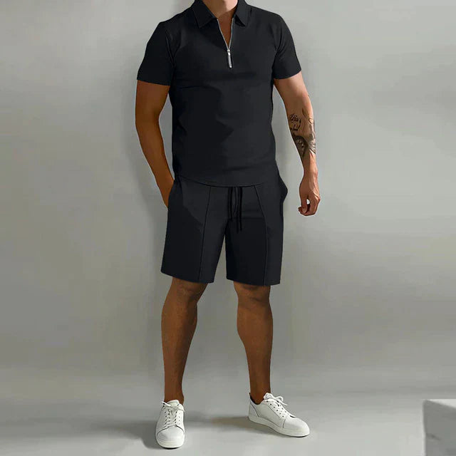 Men's Zip Collar Polo and Drawstring Shorts Two-Piece Set in Six Classic Colours for Relaxed Summer Days and Casual Weekend Styling | Koossa