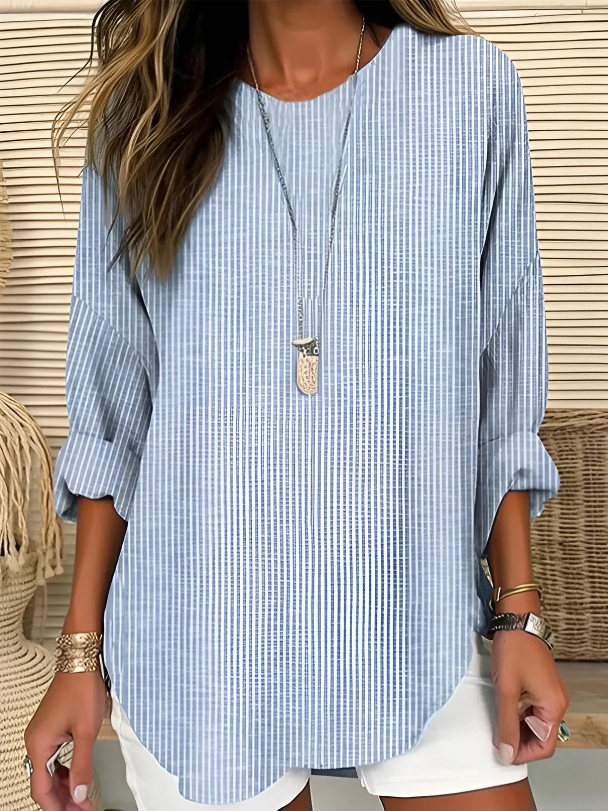 Women's Striped Crew-Neck Blouse in Lightweight Polyester — Relaxed Fit for Office and Weekend | Koossa