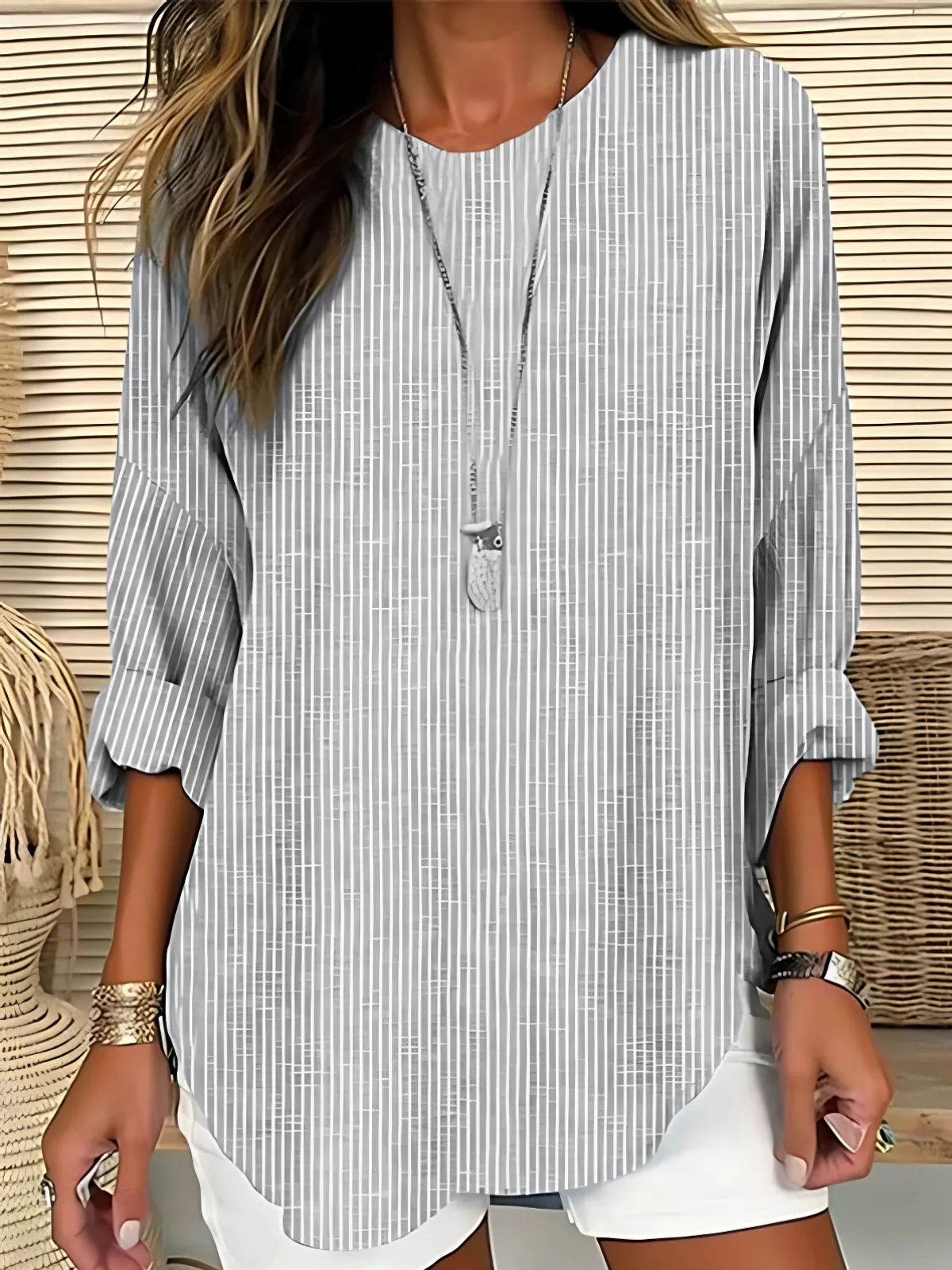 Women's Striped Crew-Neck Blouse in Lightweight Polyester — Relaxed Fit for Office and Weekend | Koossa