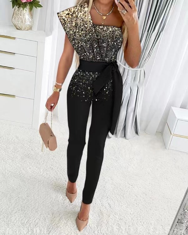 Women's Sequin One-Shoulder Jumpsuit — Elegant Wide-Leg Occasion Jumpsuit for Evening Events & Parties | Koossa