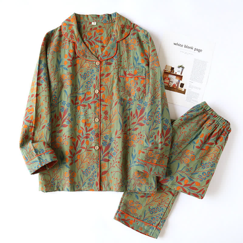 Women's Cotton Pajama Set with Button-Down Top & Pants, Leaf Jacquard Print, Two-Piece Loungewear, Sleepwear Set for Home | Lonoma