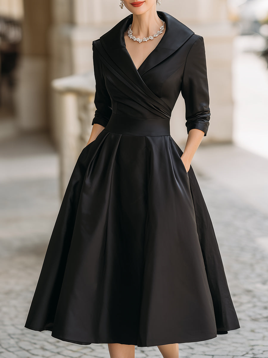 Women's Draped Neckline Midi Dress with A-Line Skirt — Elegant Evening Dress for Weddings & Formal Occasions | Koossa