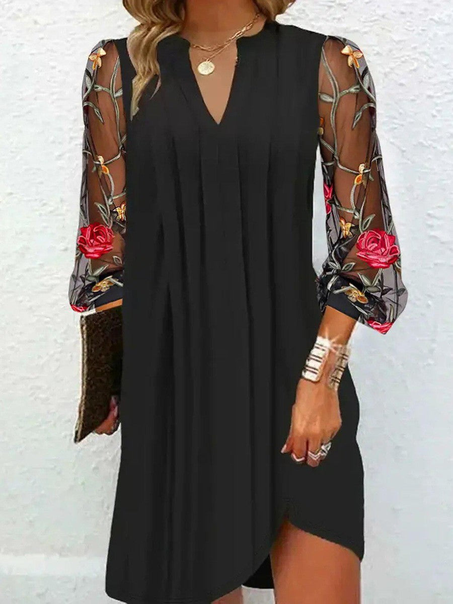 Women's Floral Embroidered Sleeve Black Dress | Timeless Elegance V-Neck Evening Dress with Sheer Tulle Sleeves for Formal Occasions and Special Events | Koossa