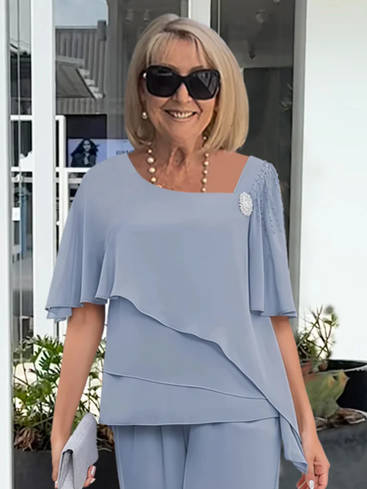 Women's Layered Chiffon Top and Wide-Leg Trousers Co-ord Set in Light Blue and Navy for Summer Garden Parties | Koossa