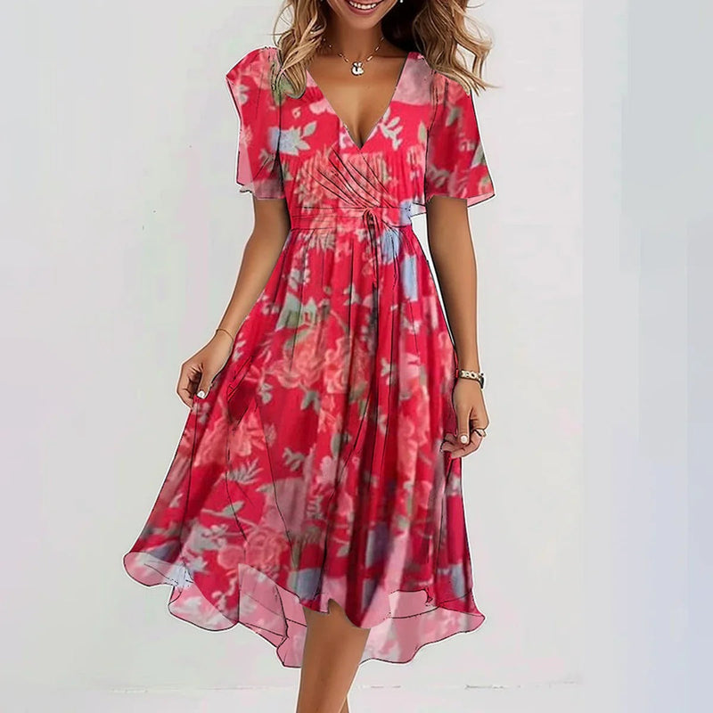 Women's Printed V-Neck Dress with Asymmetric Hem in Vintage Floral | Short Sleeve Lightweight Summer Occasion Dress | Koossa