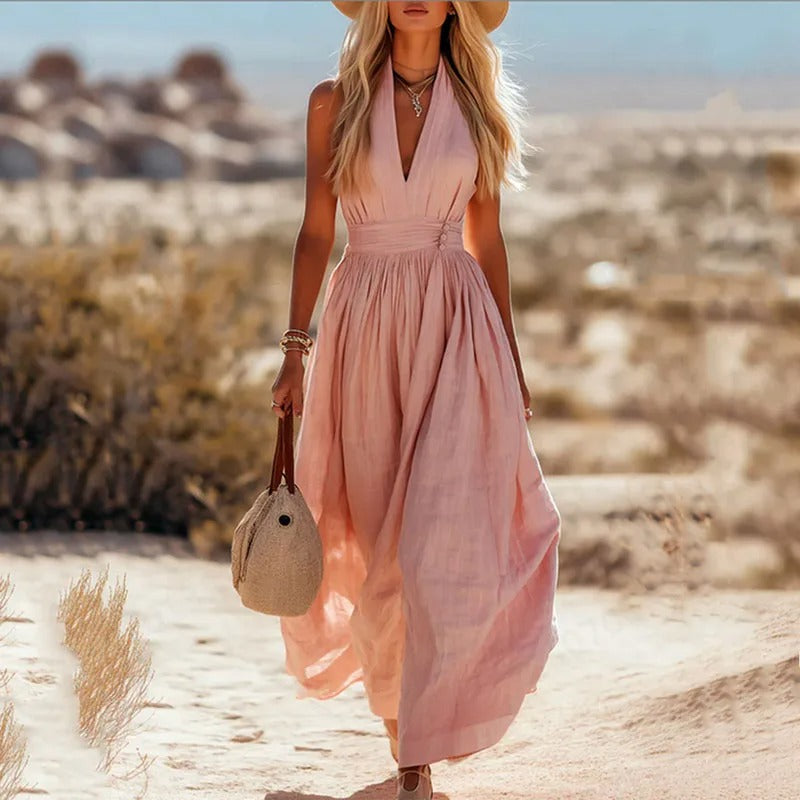 Women's Halter-Neck Cotton-Linen Maxi Dress in Natural Tones for Warm-Weather Elegance | Koossa