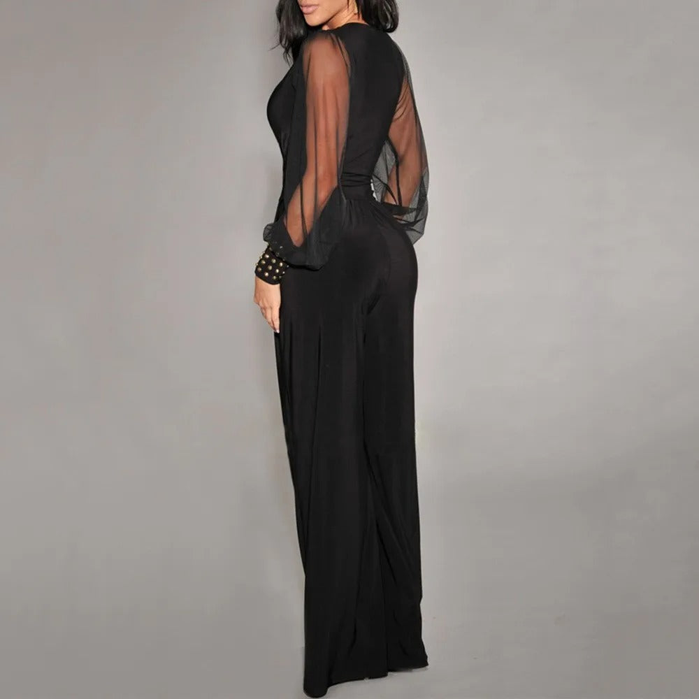 Women's Wrap-Front Wide-Leg Jumpsuit with Long Sleeves in Black and Blue | Koossa