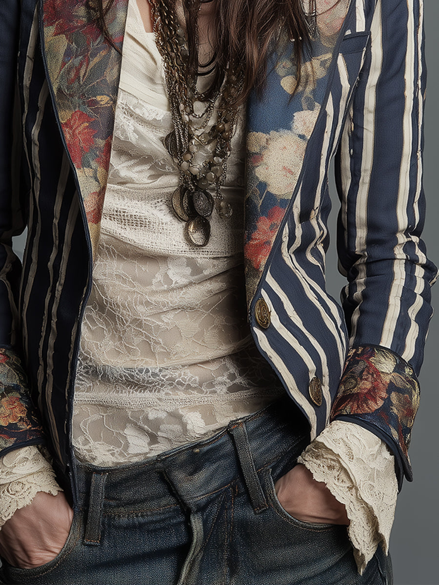 Women's Bohemian Striped Blazer | Tailored Floral Jacket in Navy, Claret & Green | Vintage-Inspired Structured Outerwear for Smart Casual Occasions | Koossa