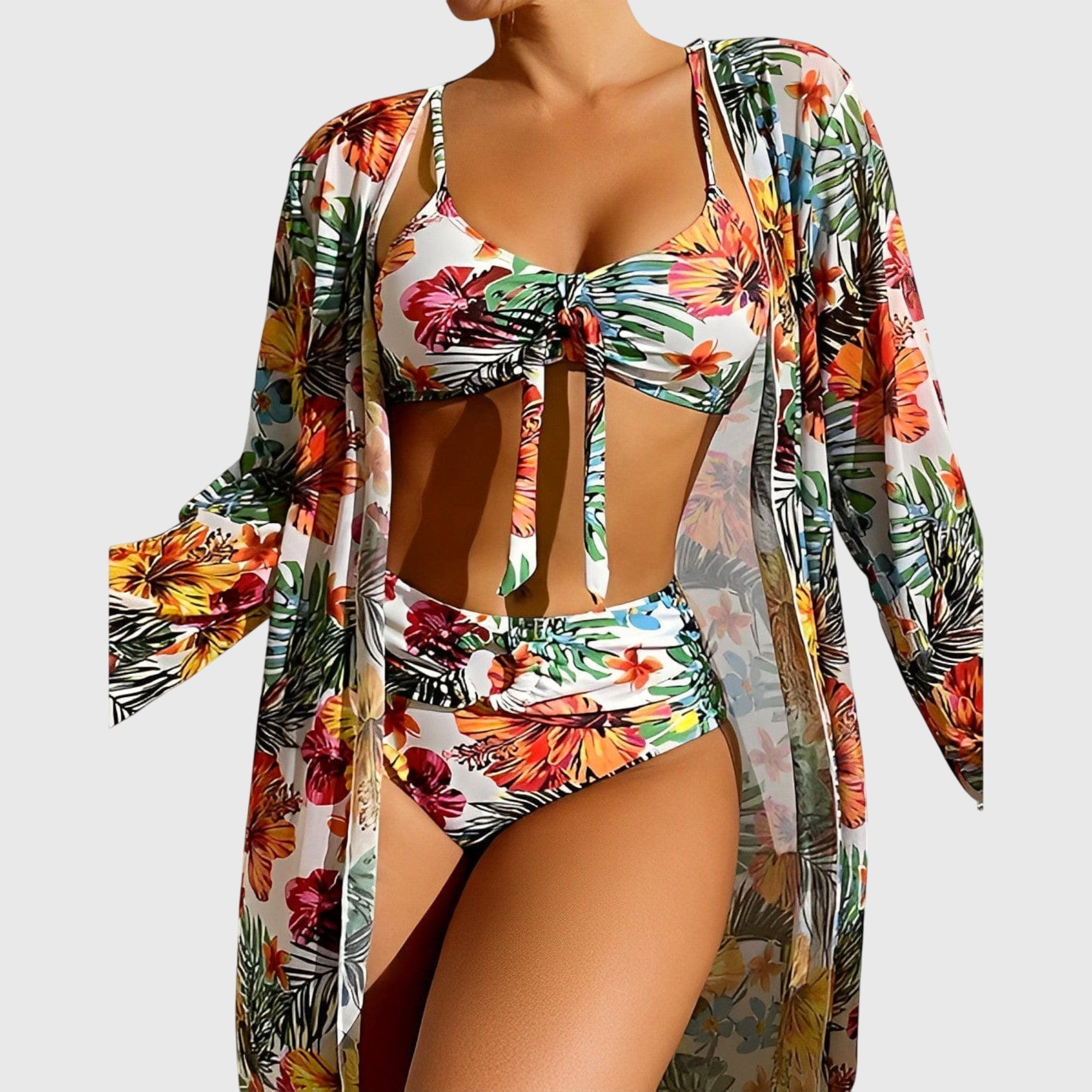 Women's Tropical Print Bikini Set with Tie-Front Top and High-Rise Bottoms for Beach and Resort | Koossa
