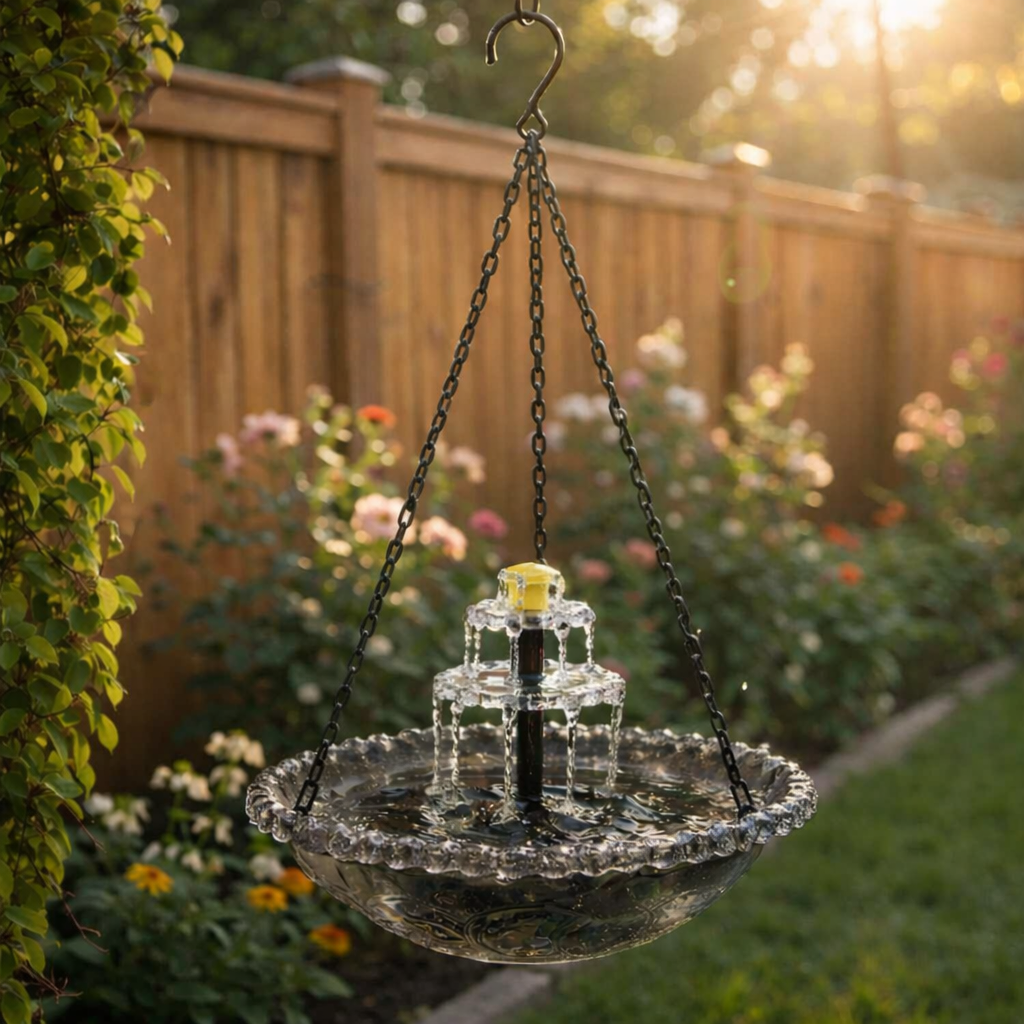 Fontaine à oiseaux suspendue solaire deux vasques verre Ø 25,5 cm cascade automatique jardin terrasse | Koossa