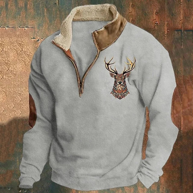 Men's Quarter-Zip Pullover with Elegant Stag Motif — Warm Autumn Jumper for Casual & Smart-Casual Wear | Koossa