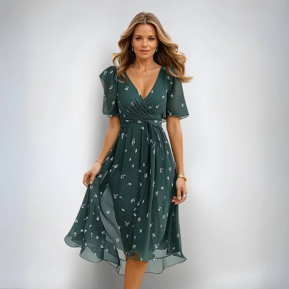 Women's V-Neck Short Sleeve Dress in Soft Breathable Fabric – Elegant Summer Dress for Warm Days, Garden Parties & Holidays | Koossa