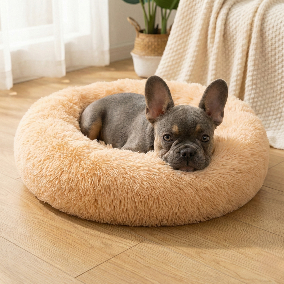 Dog Calming Bed Plush Donut Round Washable Cover Large Medium Anti-Anxiety Nesting Dog Bed Fluffy Shaggy Grey Curl-Up | Koossa