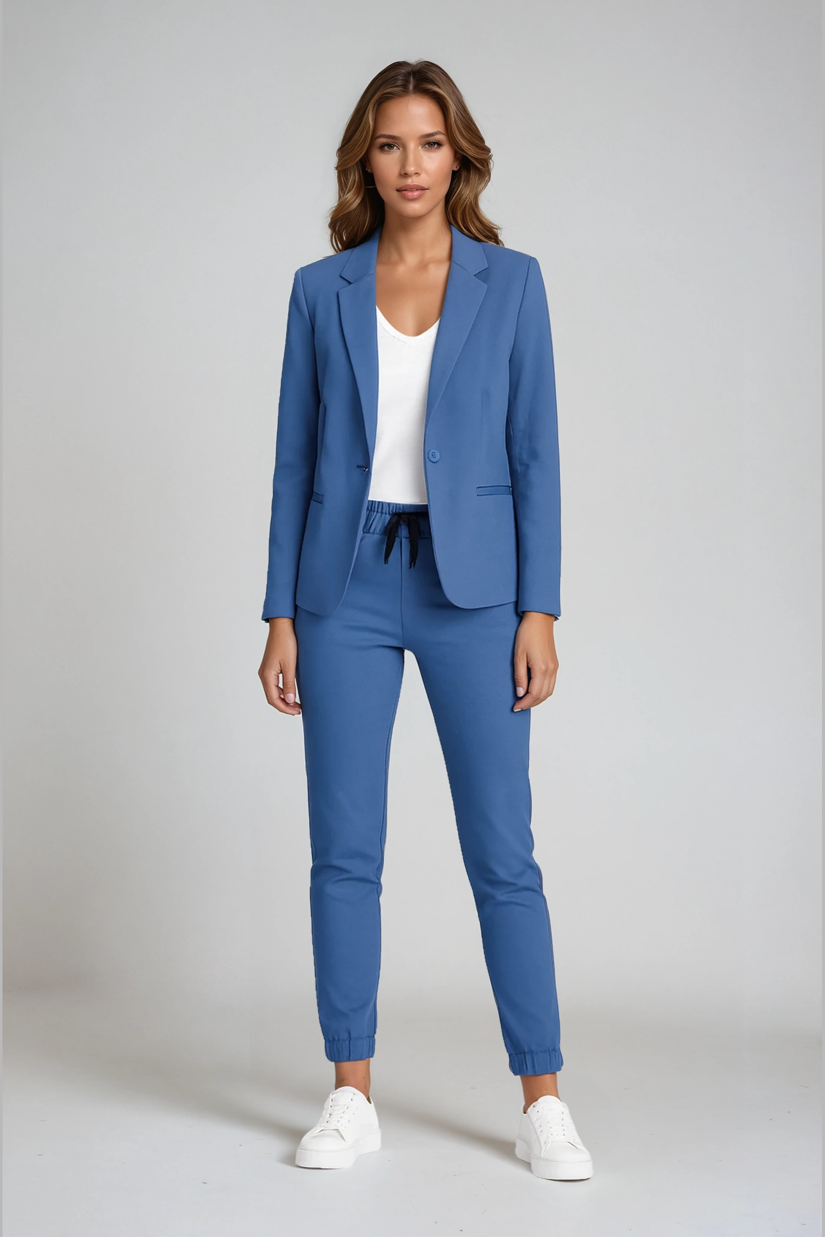 Women's Tailored Blazer and Drawstring Trouser Co-ord Set in Blue, Beige, Grey and Black | Koossa