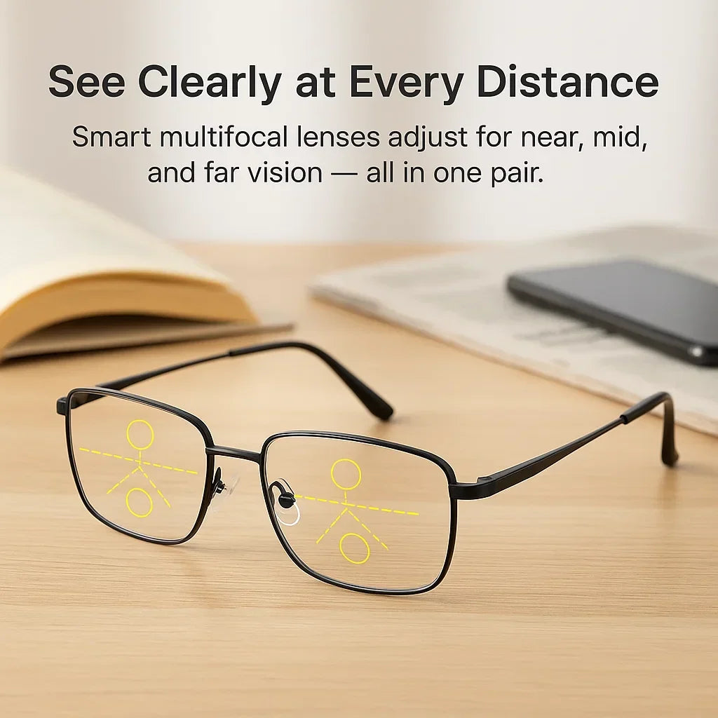 Progressive Multifocal Reading Glasses with Photochromic Lenses, UV & Blue Light Protection for Near & Far Vision | Lonoma