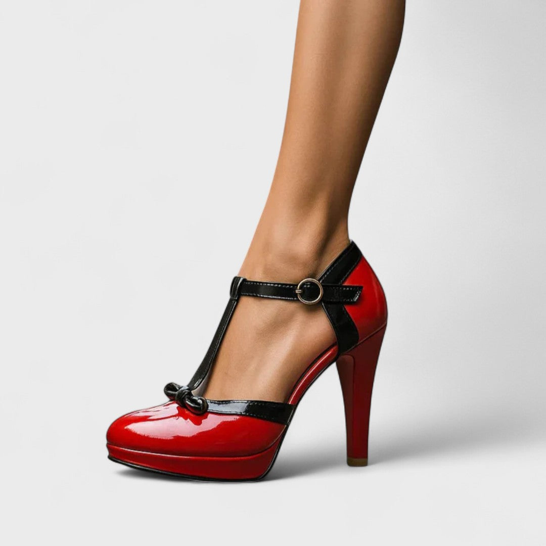 T-Strap Platform Heels with Bow Detail in Pink, White, Red and Black for Summer Occasions and Evening Events | Koossa