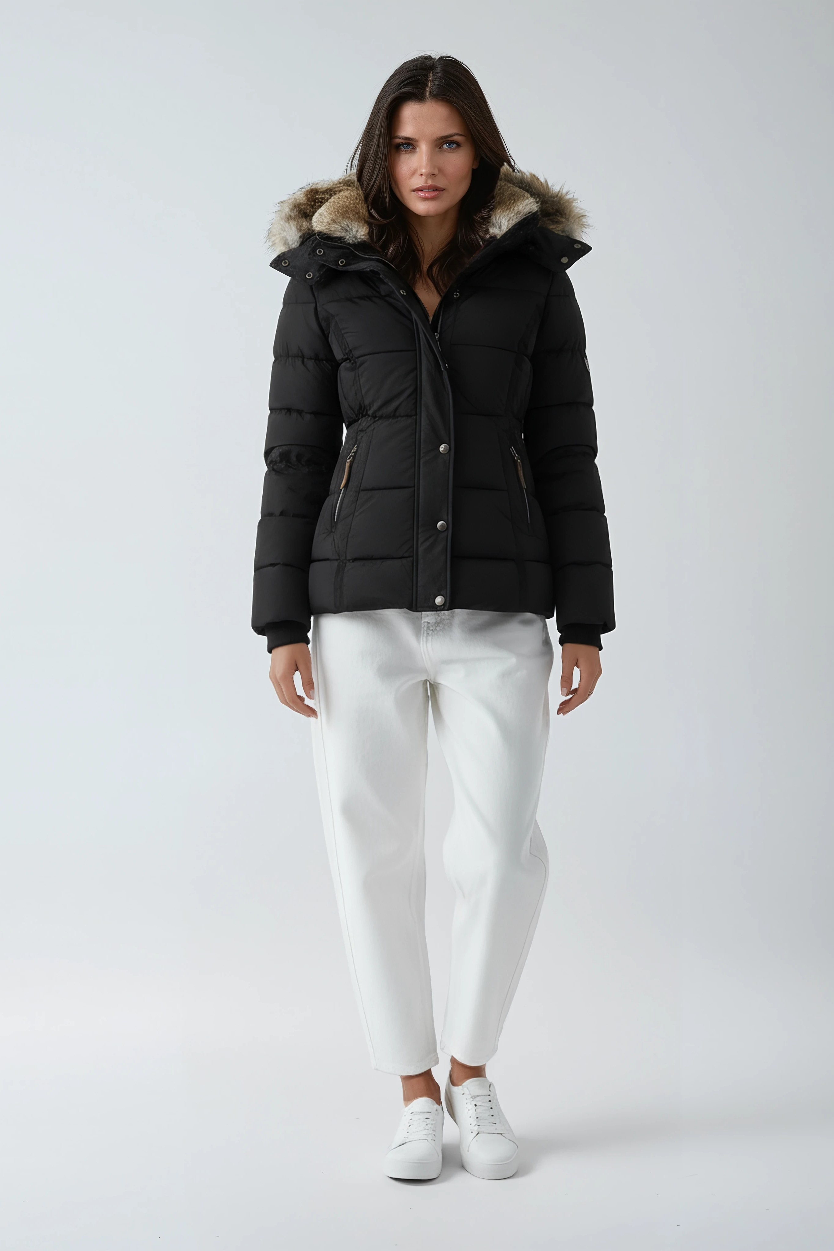 Women's Quilted Puffer Coat with Faux Fur Trimmed Hood | Fitted Winter Jacket for Cold Weather Elegance | Koossa