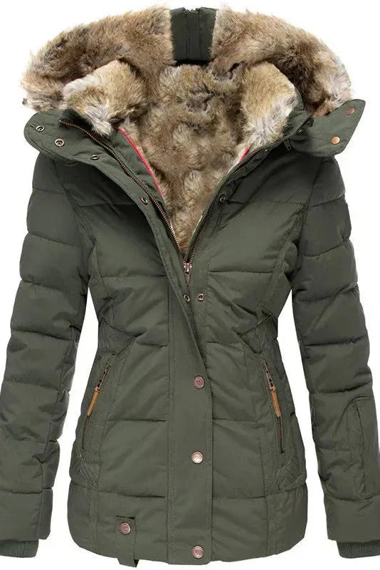 Women's Quilted Puffer Coat with Faux Fur Trimmed Hood | Fitted Winter Jacket for Cold Weather Elegance | Koossa