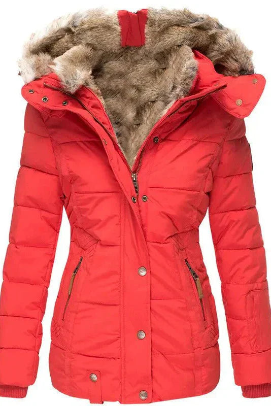 Women's Quilted Puffer Coat with Faux Fur Trimmed Hood | Fitted Winter Jacket for Cold Weather Elegance | Koossa