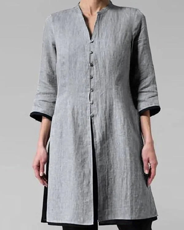Women's Long-Sleeve Tunic Blouse with Mandarin Collar — Elegant Button-Through Shirt for Office & Casual Wear | Koossa