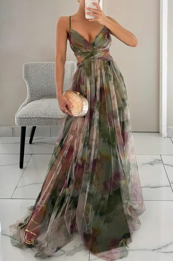 Women's Printed Spaghetti Strap Maxi Dress in Orange or Green for Elegant Summer Occasions | Koossa