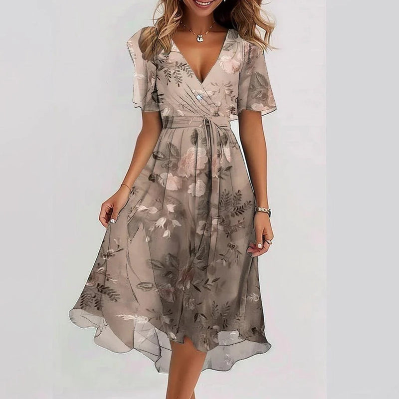 Women's Printed V-Neck Dress with Asymmetric Hem in Vintage Floral | Short Sleeve Lightweight Summer Occasion Dress | Koossa