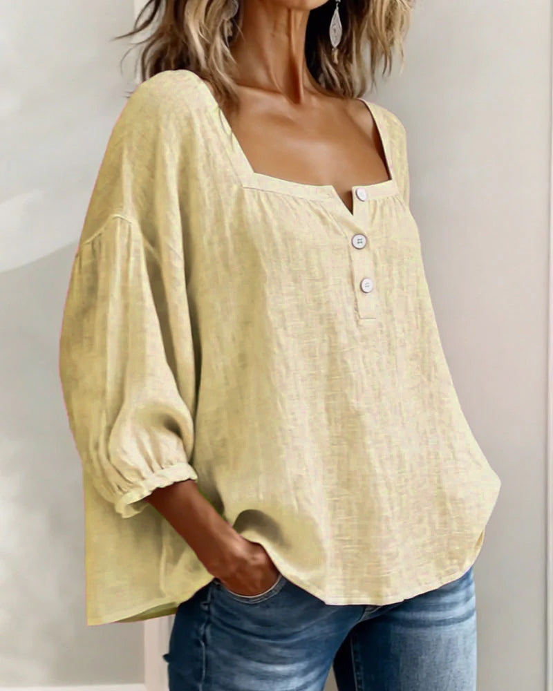Women's Square Neck Puff Sleeve Blouse in Cotton Blend – Classic Feminine Wardrobe Essential for Every Season | Koossa