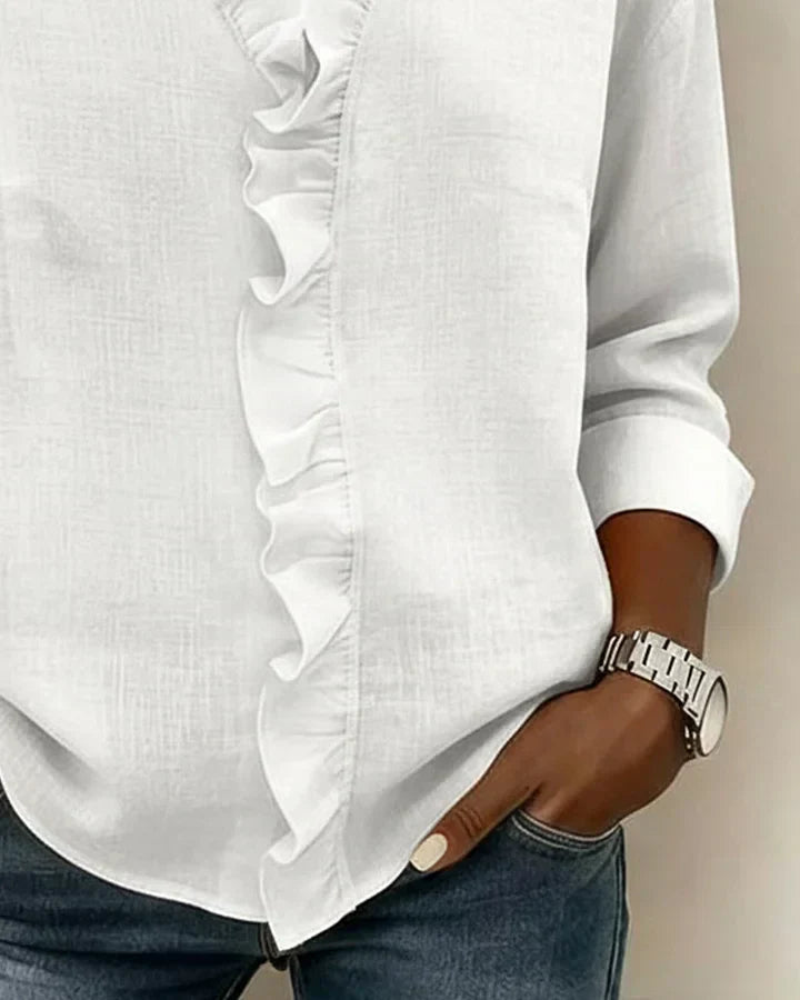 Women's Ruffled V-Neck Long Sleeve Blouse in Lightweight Fabric for Work and Weekend Wear | Koossa