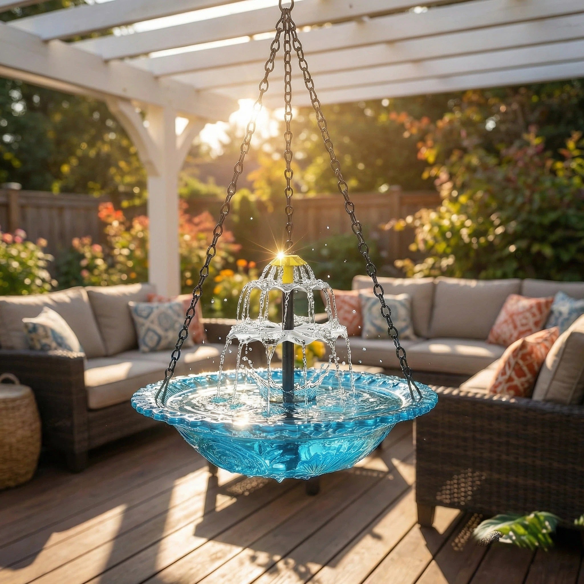 Fontaine à oiseaux suspendue solaire deux vasques verre Ø 25,5 cm cascade automatique jardin terrasse | Koossa