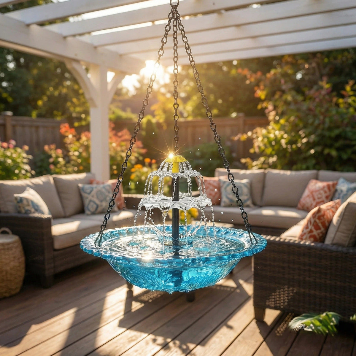 Solar Hanging Bird Bath Fountain, 10 in Glass Bowl with Cascading Water, Outdoor Garden Patio Backyard Decor for Songbirds & Wildlife | Lonoma