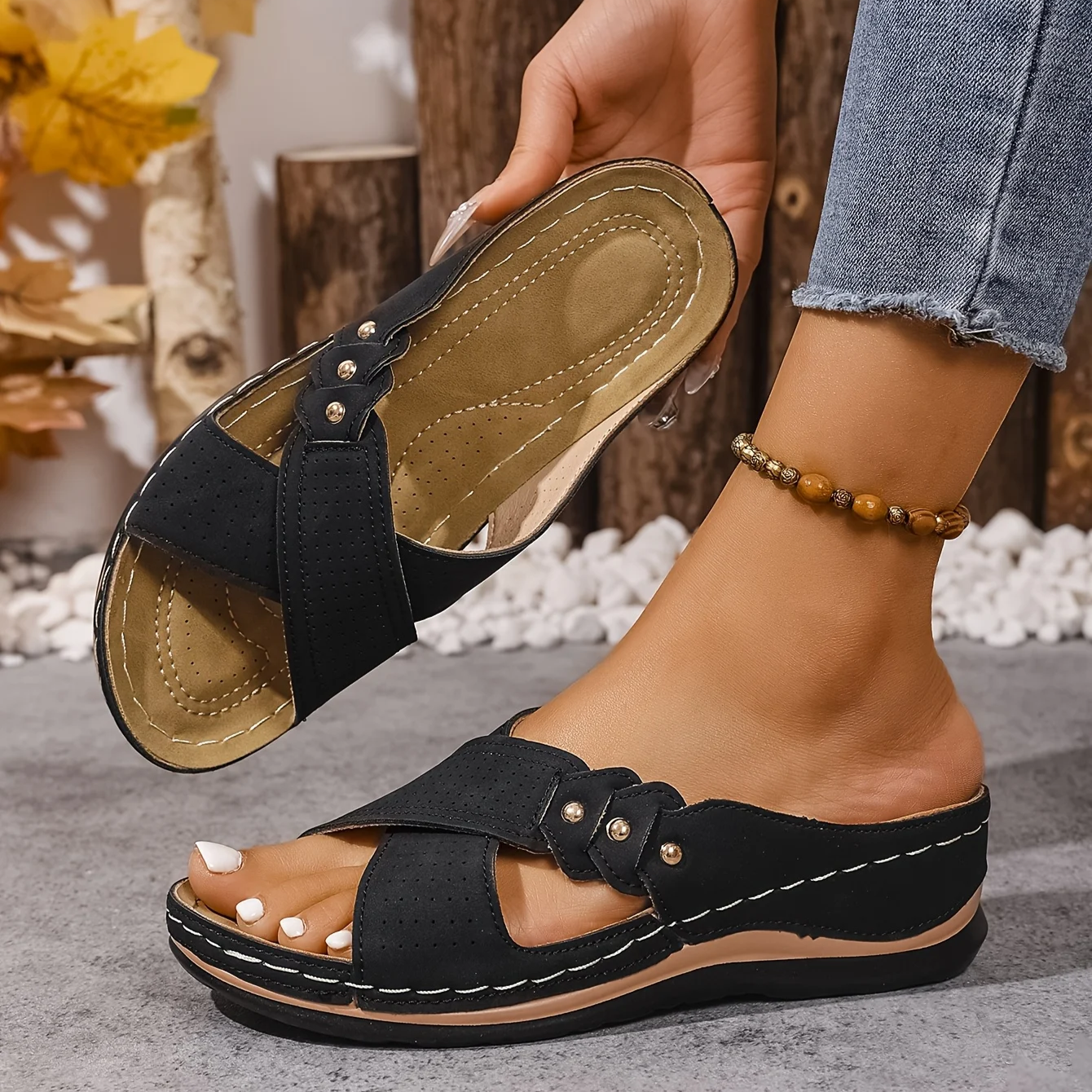 Women's Supportive Wedge Sandals with Cushioned Footbed in Blue, Pink, Brown & Black | Koossa