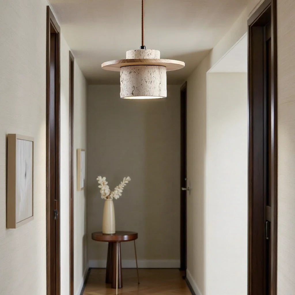 Suspension LED en travertine naturelle et bois design japonais minimaliste éclairage chaleureux salon chambre | Koossa