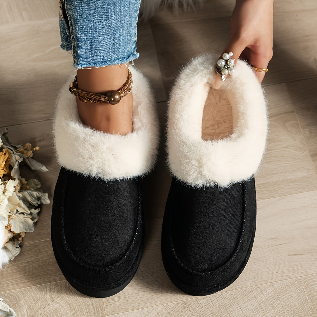 Women's Faux Fur Moccasin Slippers | Warm Indoor Outdoor Footwear in Black Brown Khaki | Cushioned Non-Slip Sole Winter House Shoes | Koossa