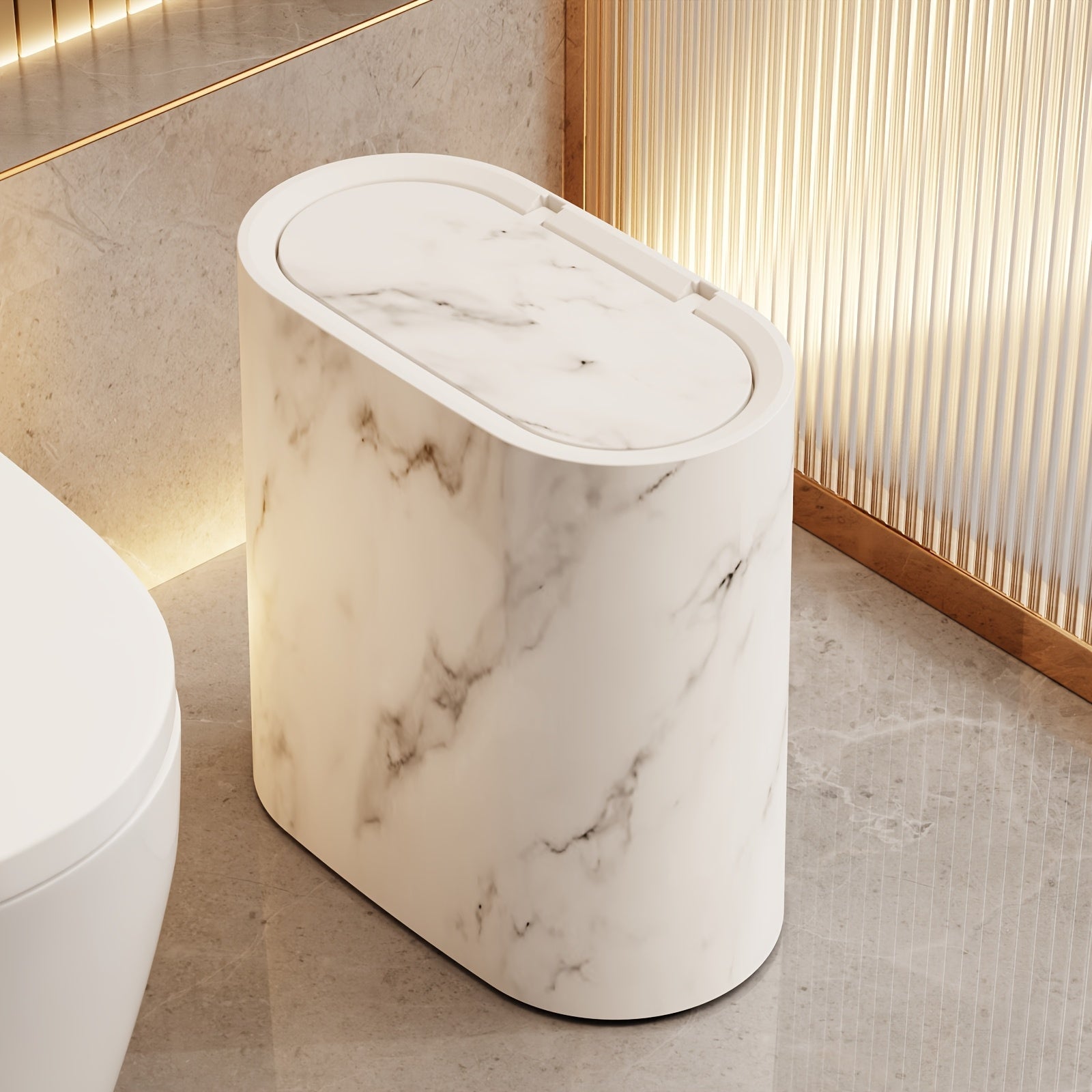 Poubelle Ovale Effet Marbre avec Couvercle 29 cm Salle de Bains Cuisine Compacte Décor Contemporain Élégant | Koossa