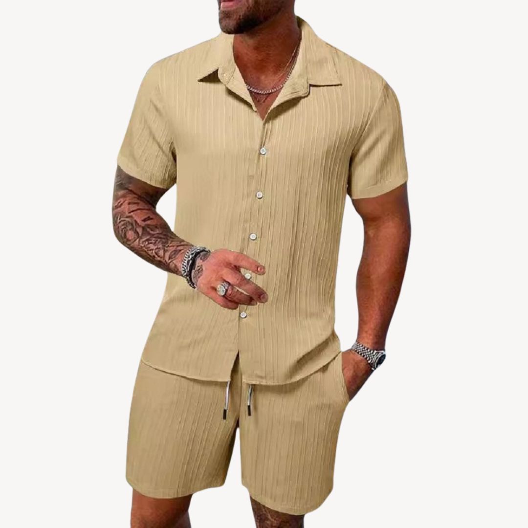 Men's Coordinated Linen-Blend Shirt and Shorts Set in Natural Tones for Relaxed Summer Days | Koossa