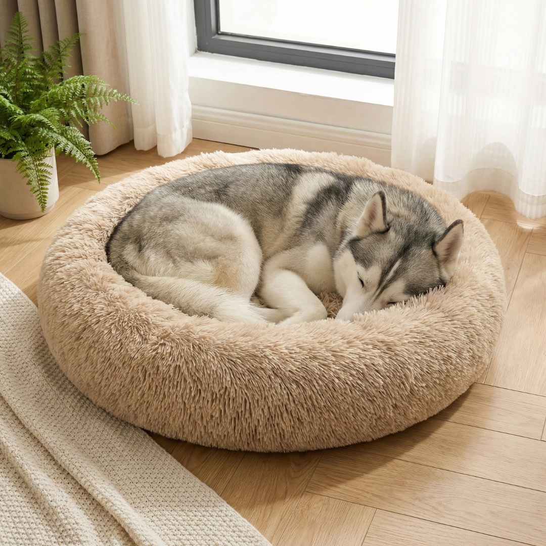 Dog Calming Bed Plush Donut Round Washable Cover Large Medium Anti-Anxiety Nesting Dog Bed Fluffy Shaggy Grey Curl-Up | Koossa
