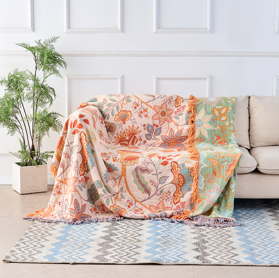 Plaid en Coton à Motifs Floraux Bohème – Crème, Orange et Bleu avec Franges – Pour Canapé, Lit et Fauteuil | Koossa