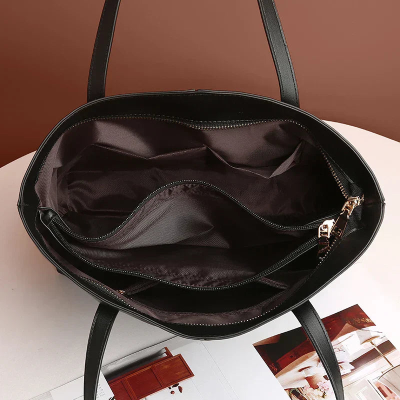Structured Tote Bag with Long Shoulder Straps in Vegan Leather — Black, Green, Red & Silver | Koossa
