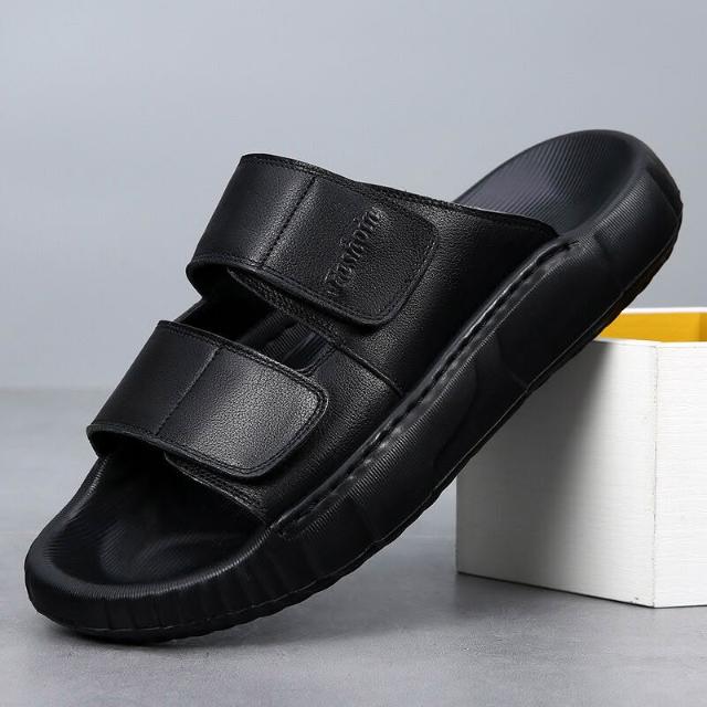 Contoured Leather Slide Slippers with Adjustable Straps in Black for Everyday Comfort and Support | Koossa