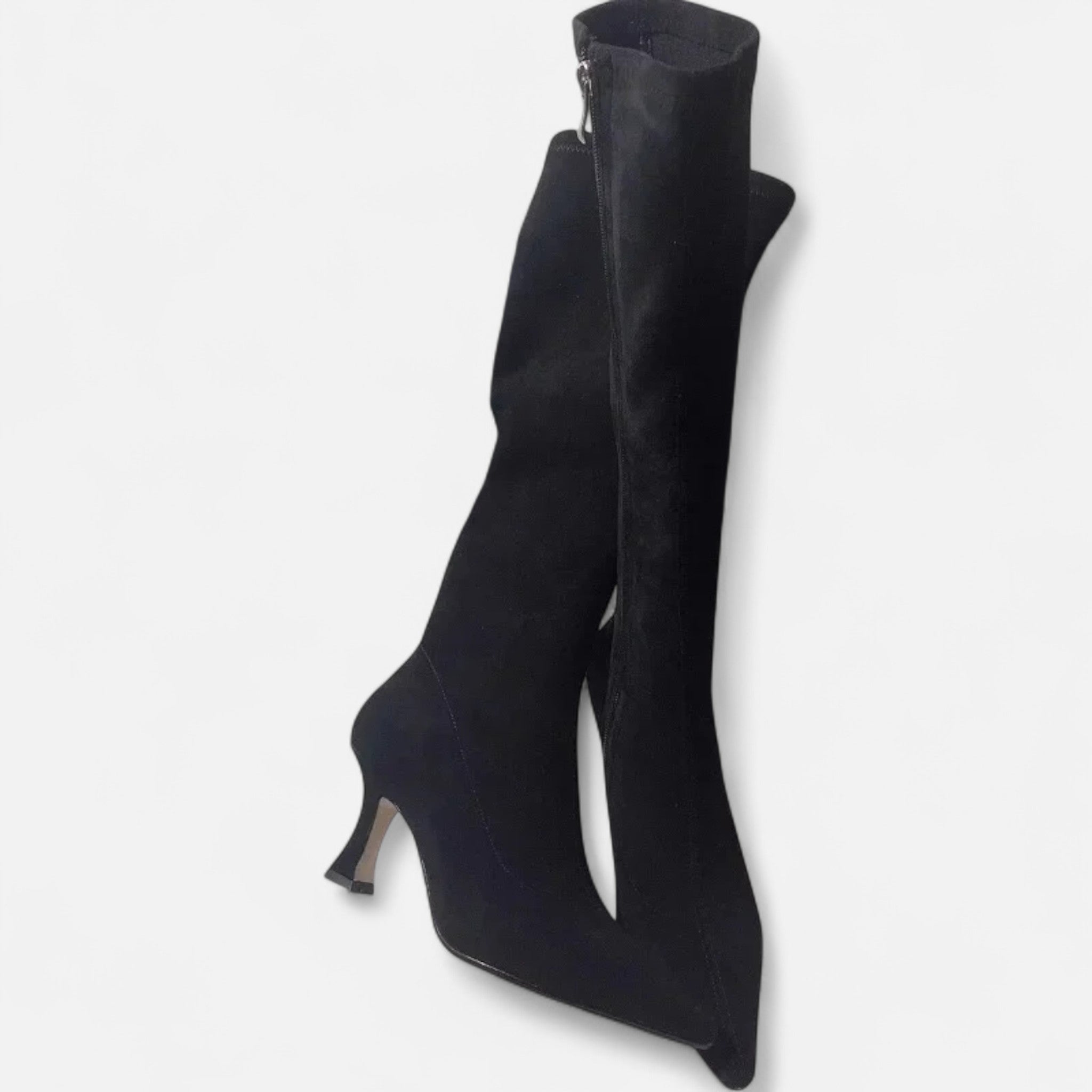Women's Pointed-Toe Knee-High Heeled Boots in Suede | Sleek Silhouette | Comfortable Side Zip | Perfect for Evening and Office | Autumn Winter Footwear | Koossa