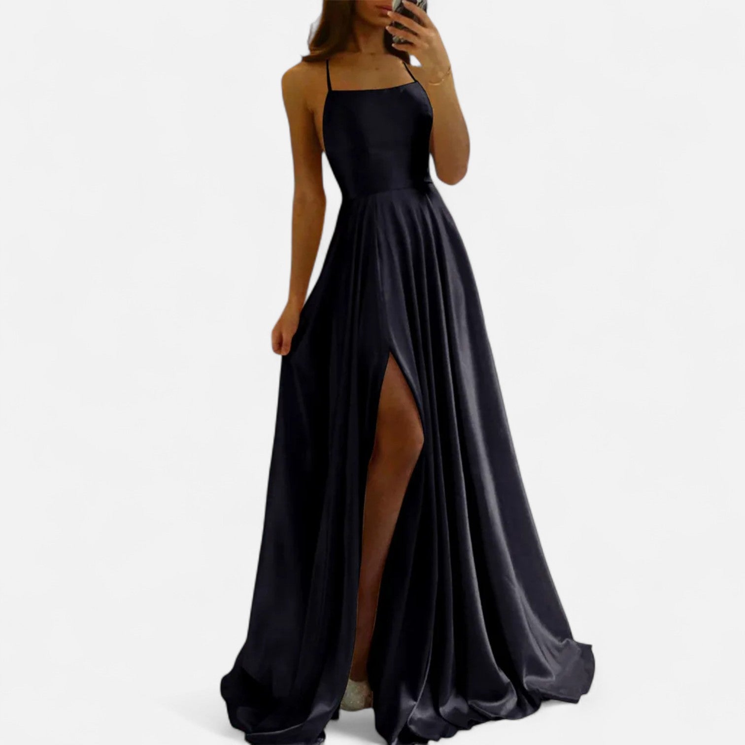 Women's Slim-Strap Maxi Dress with Side Slit for Wedding Guests | Elegant Floor-Length Gown in Navy Black Pink Burgundy Sage | Spring Summer Evening Wear | Koossa
