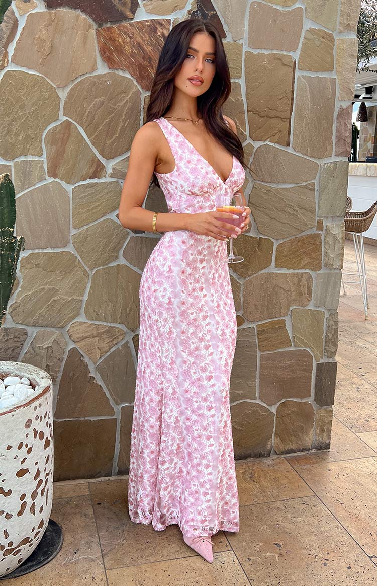 Women's Floral Print Maxi Dress Deep Neckline Pink Summer Wedding Guest Occasion Wear Body-Skimming Silhouette Romantic Elegant Garden Party | Koossa