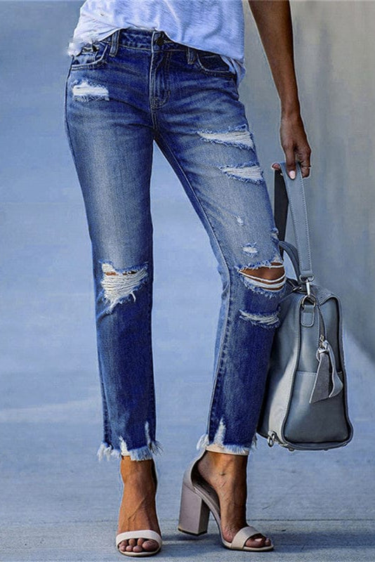 Straight Leg Jeans with Distressed Detail and Raw Hem in Light Blue | Timeless Denim Classic Casual Weekend Wear Five Pocket Design | Koossa