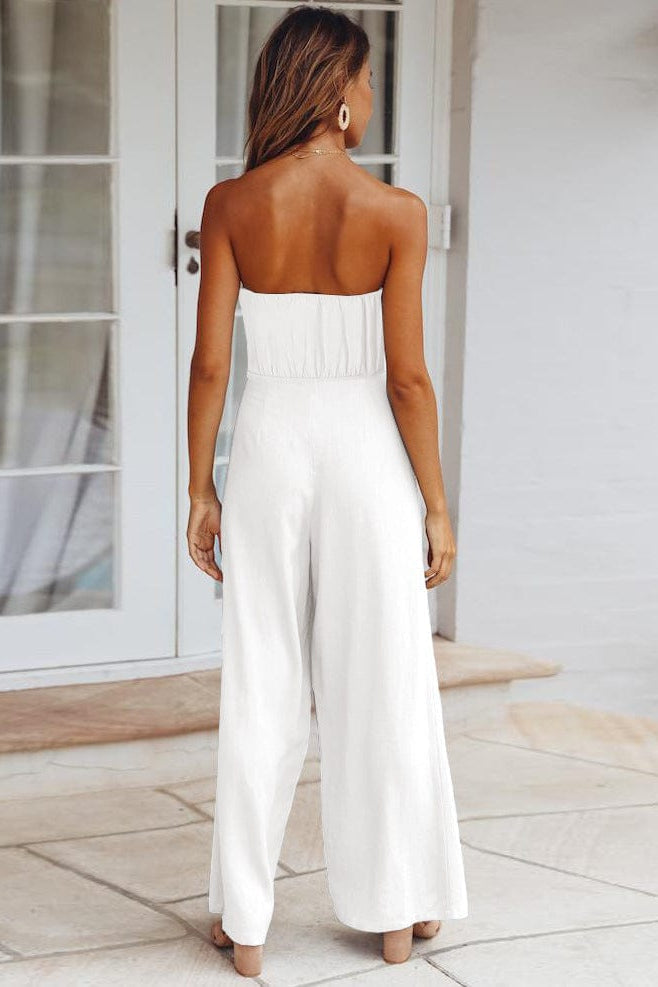 Strapless Wide-Leg Belted Jumpsuit in Khaki, Blue & White for Summer Occasions | Koossa
