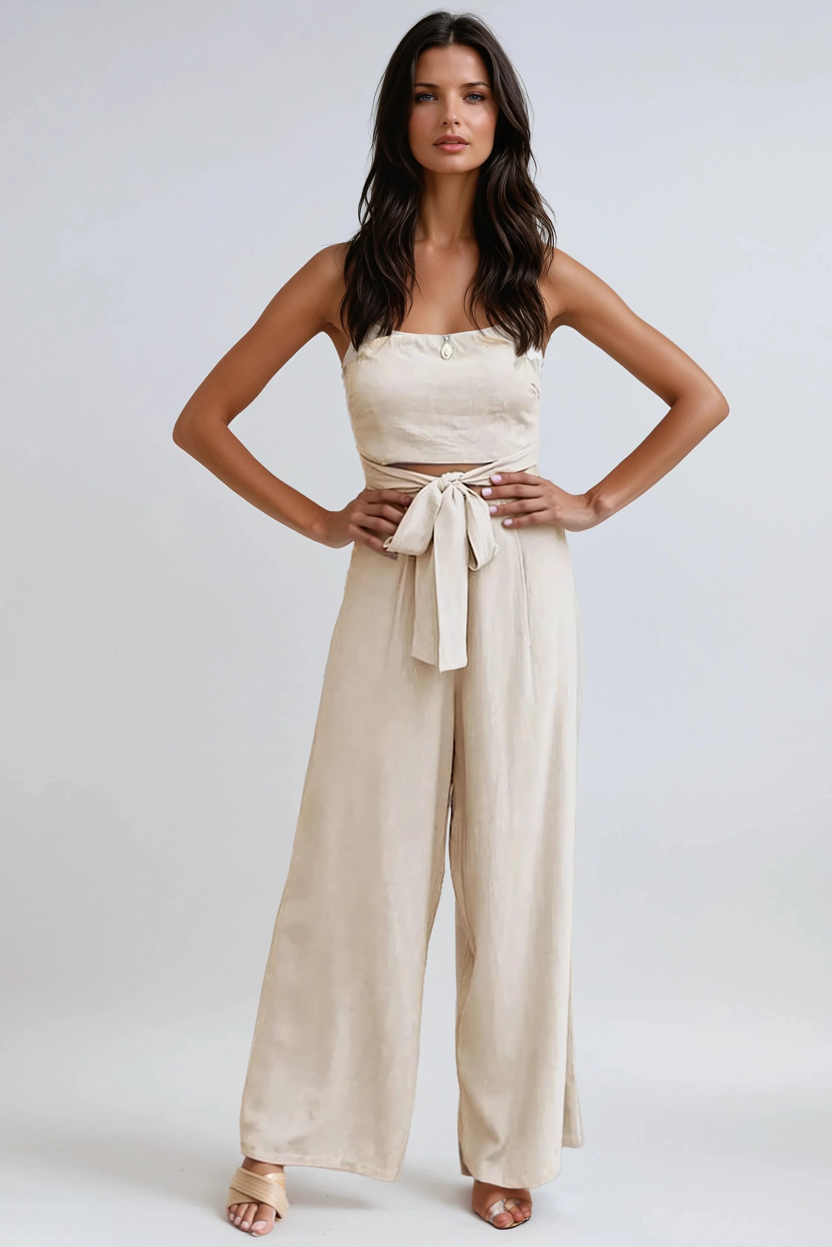 Strapless Wide-Leg Belted Jumpsuit in Khaki, Blue & White for Summer Occasions | Koossa
