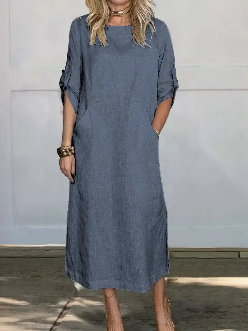 Women's Relaxed Midi Dress with Roll-Up Sleeves in Classic Colours for Effortless Summer Elegance | Koossa