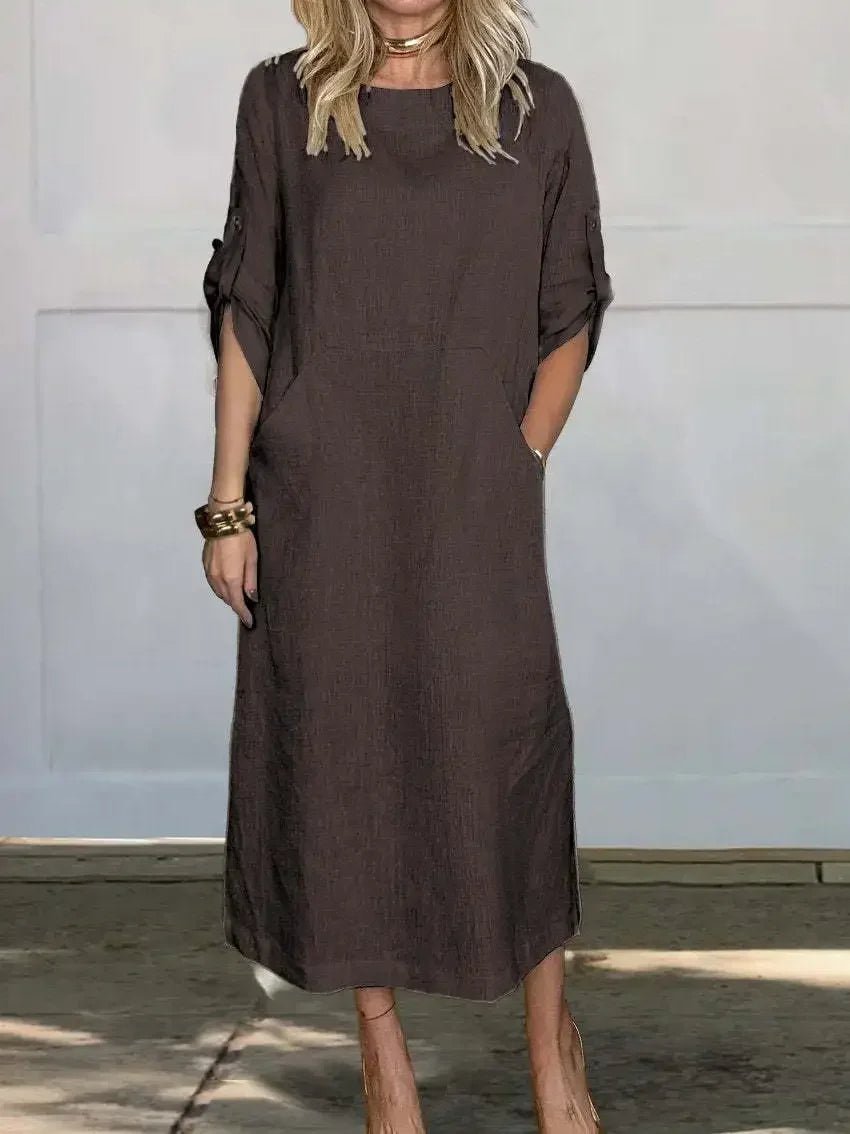 Women's Relaxed Midi Dress with Roll-Up Sleeves in Classic Colours for Effortless Summer Elegance | Koossa