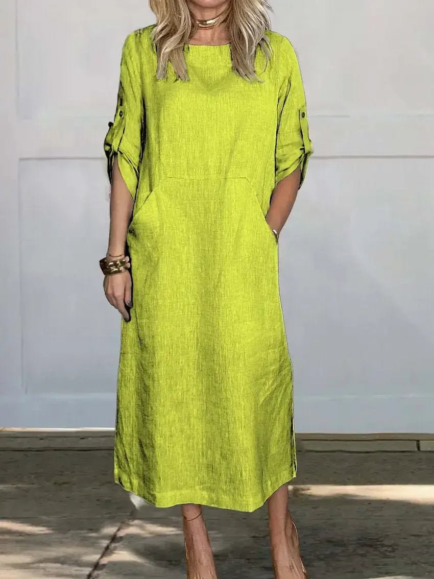 Women's Relaxed Midi Dress with Roll-Up Sleeves in Classic Colours for Effortless Summer Elegance | Koossa
