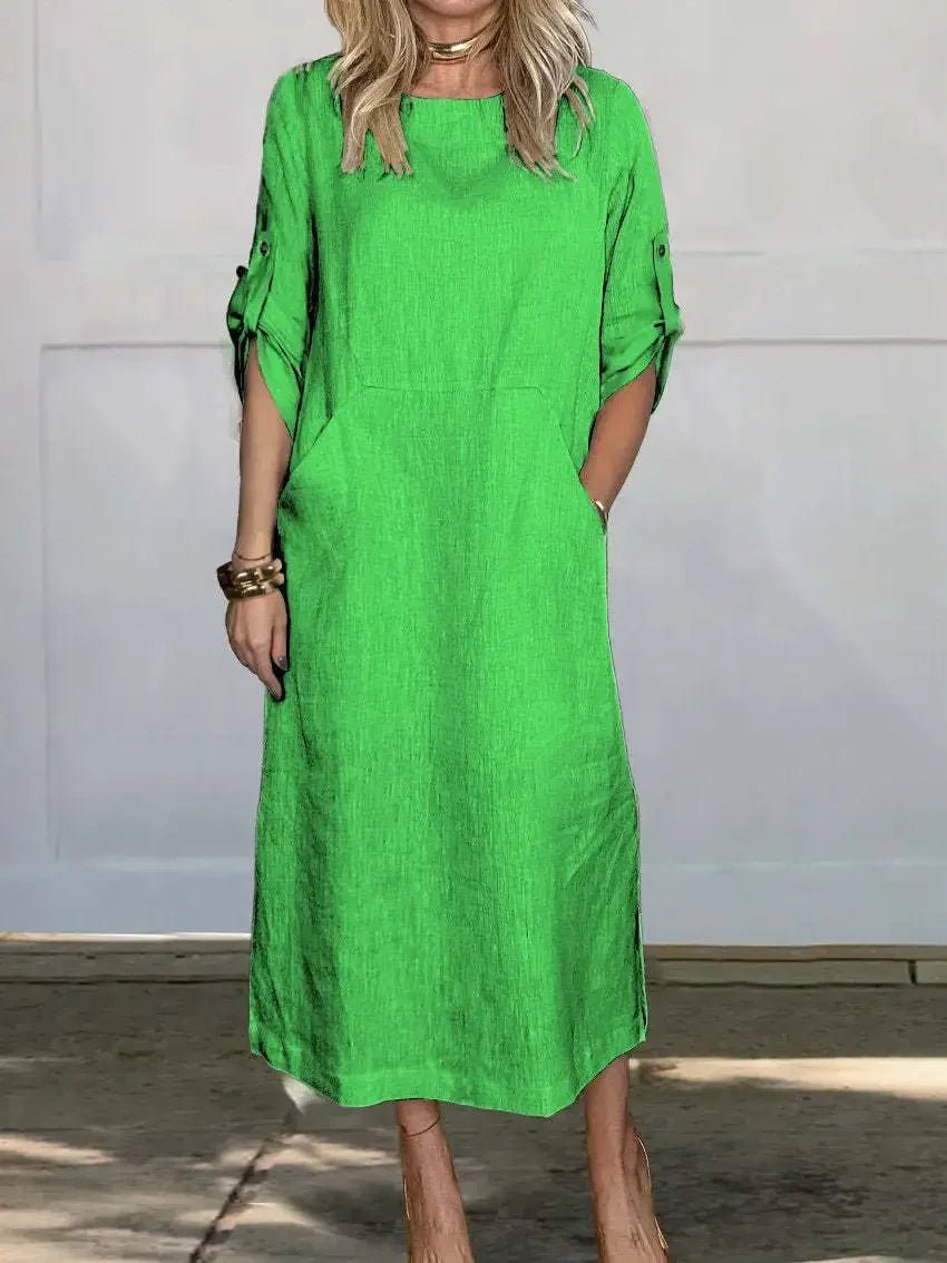 Women's Relaxed Midi Dress with Roll-Up Sleeves in Classic Colours for Effortless Summer Elegance | Koossa